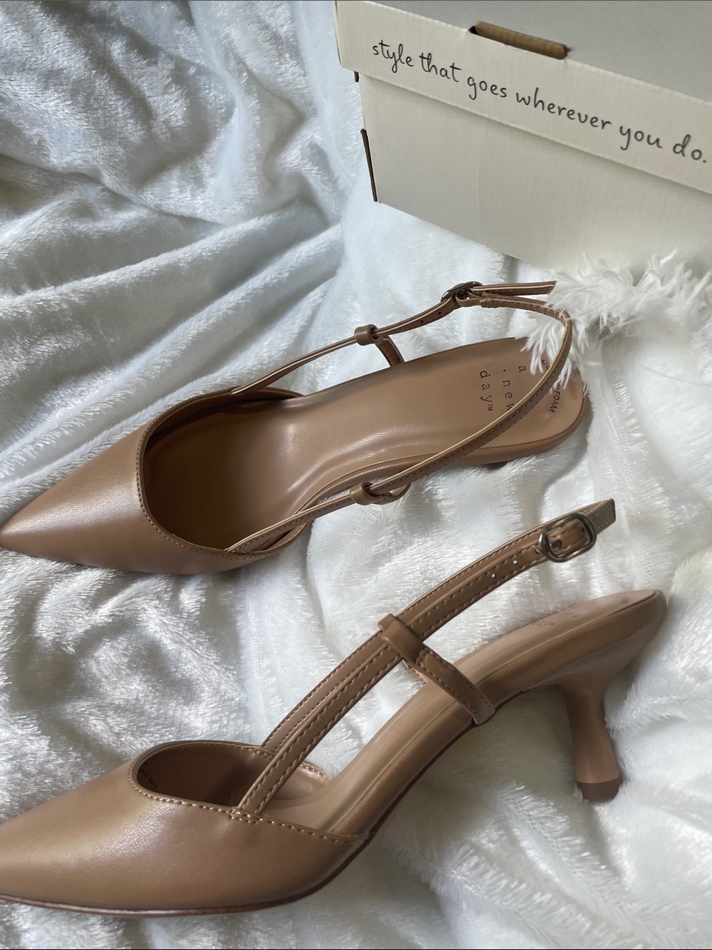 Pointed-Toe Slingback Heels in Nude